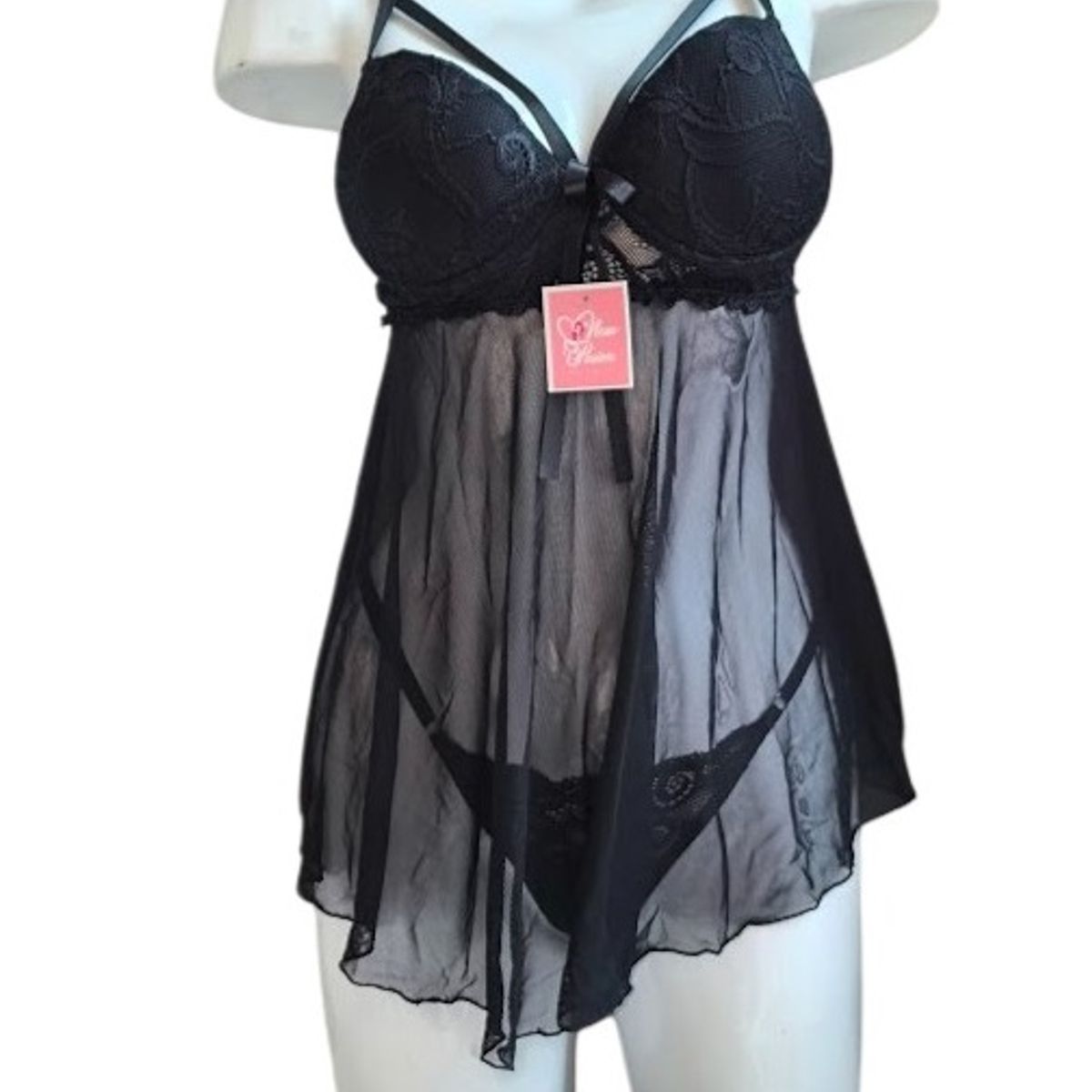 GENERICO - LENCERIA BABYDOLL DE ENCAJE NEGRO CON MEDIAS PIJAMA SEXY