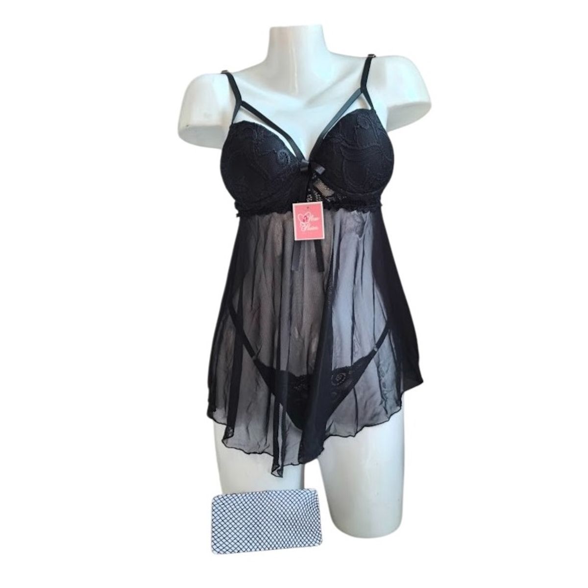 GENERICO - LENCERIA BABYDOLL DE ENCAJE NEGRO CON MEDIAS PIJAMA SEXY