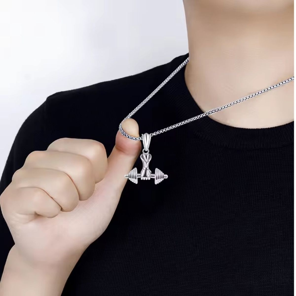 GENERICO - Collar Mancuerna Mano Hombre Gym Fit Plateado Gimnasio