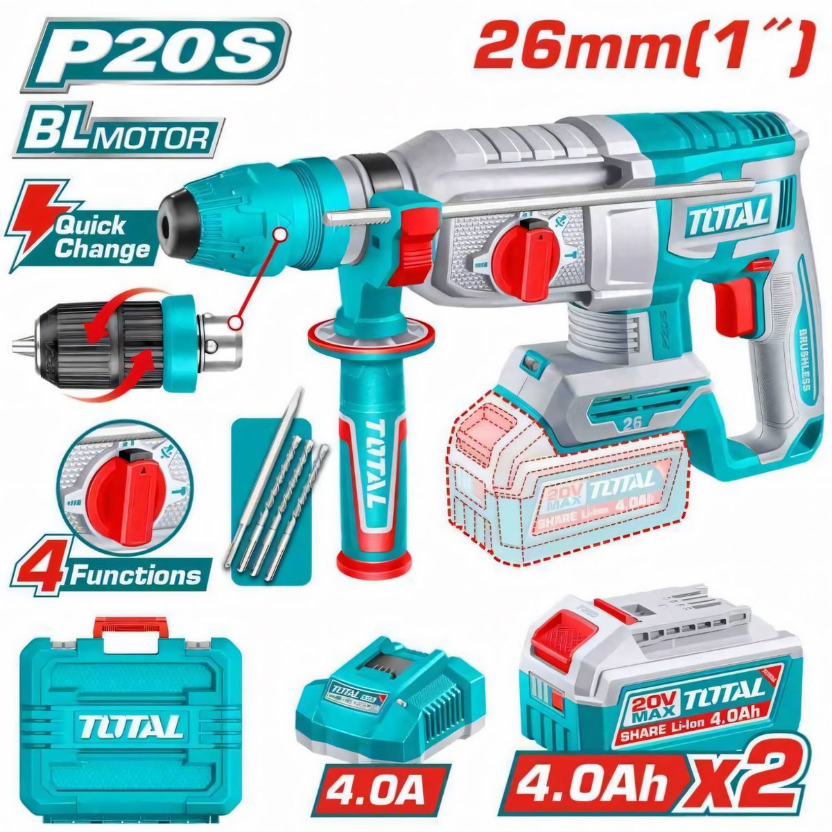 TOTAL TOOLS - ROTOMARTILLO SDS+26MM 20V 2.5J BL 4 FUNCIONES INDUSTRIAL-TRHLI202689
