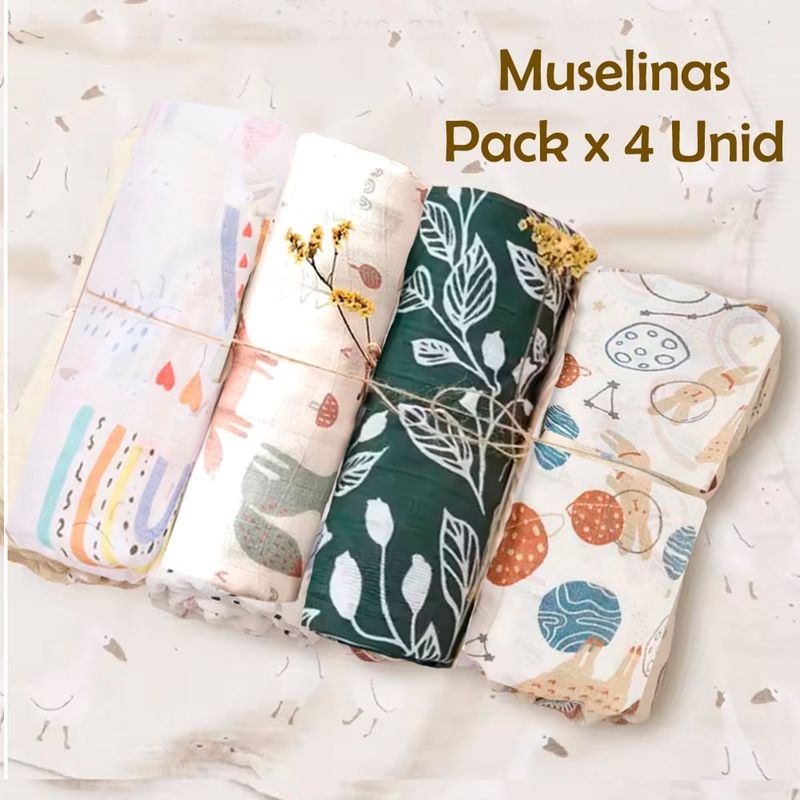 GENERICO - Manta Muselina para Bebé Algodón y Bambú Pack x 4 Unidades