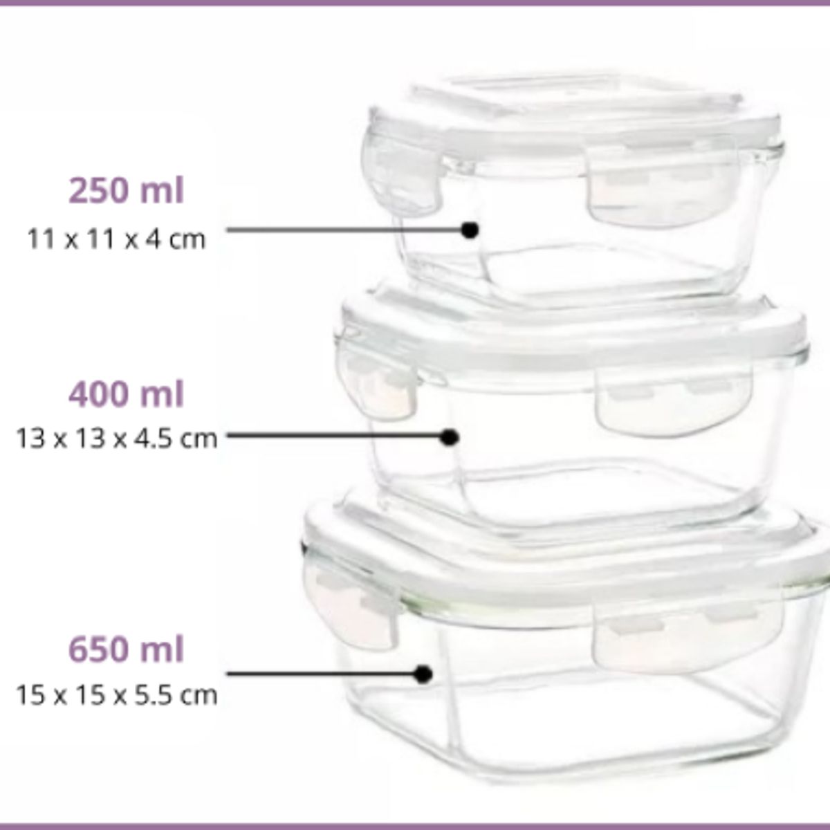 GENERICO - Set x 3 Recipientes de Vidrio D - Cuadrado