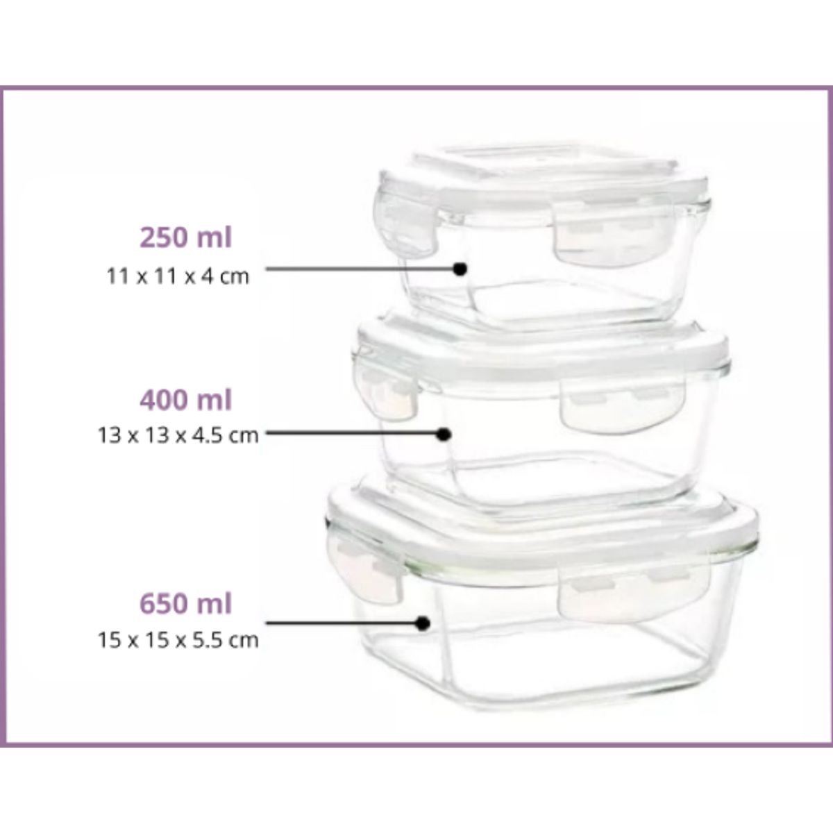 GENERICO - Set x 3 Recipientes de Vidrio D - Cuadrado
