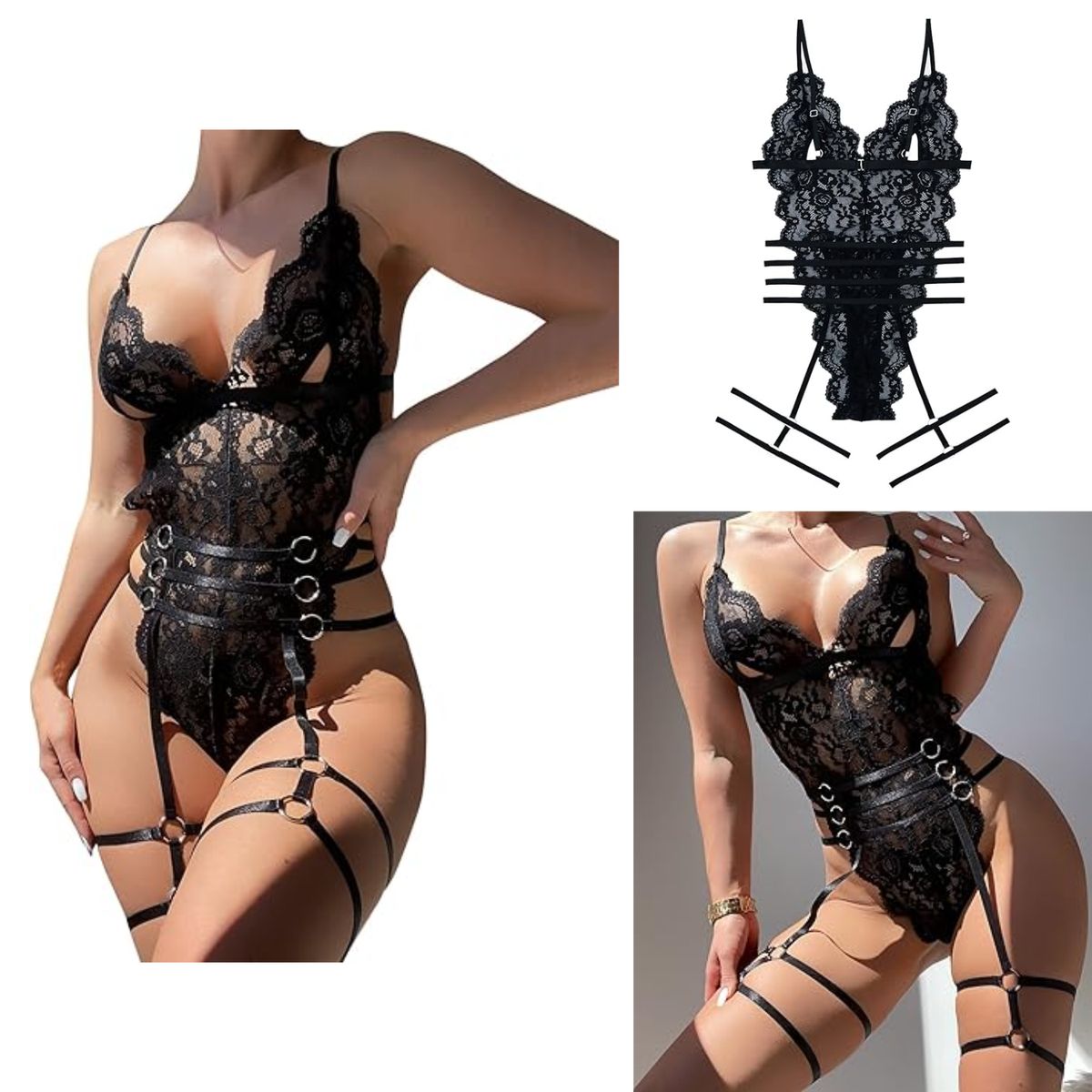 GENERICO - LENCERÍA DE TRES PIEZAS CON ENCAJE FLORAL- NEGRO