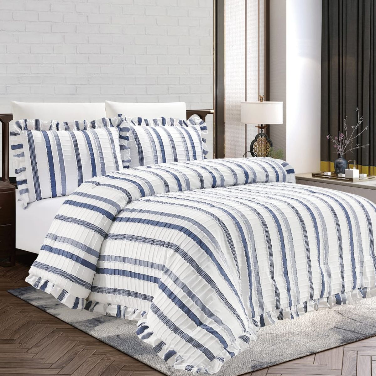 GENERICO - JUEGO DE CAMA AZUL 7 PIEZAS CON BLONDAS 2 PLAZAS - HAIRIFON TEX