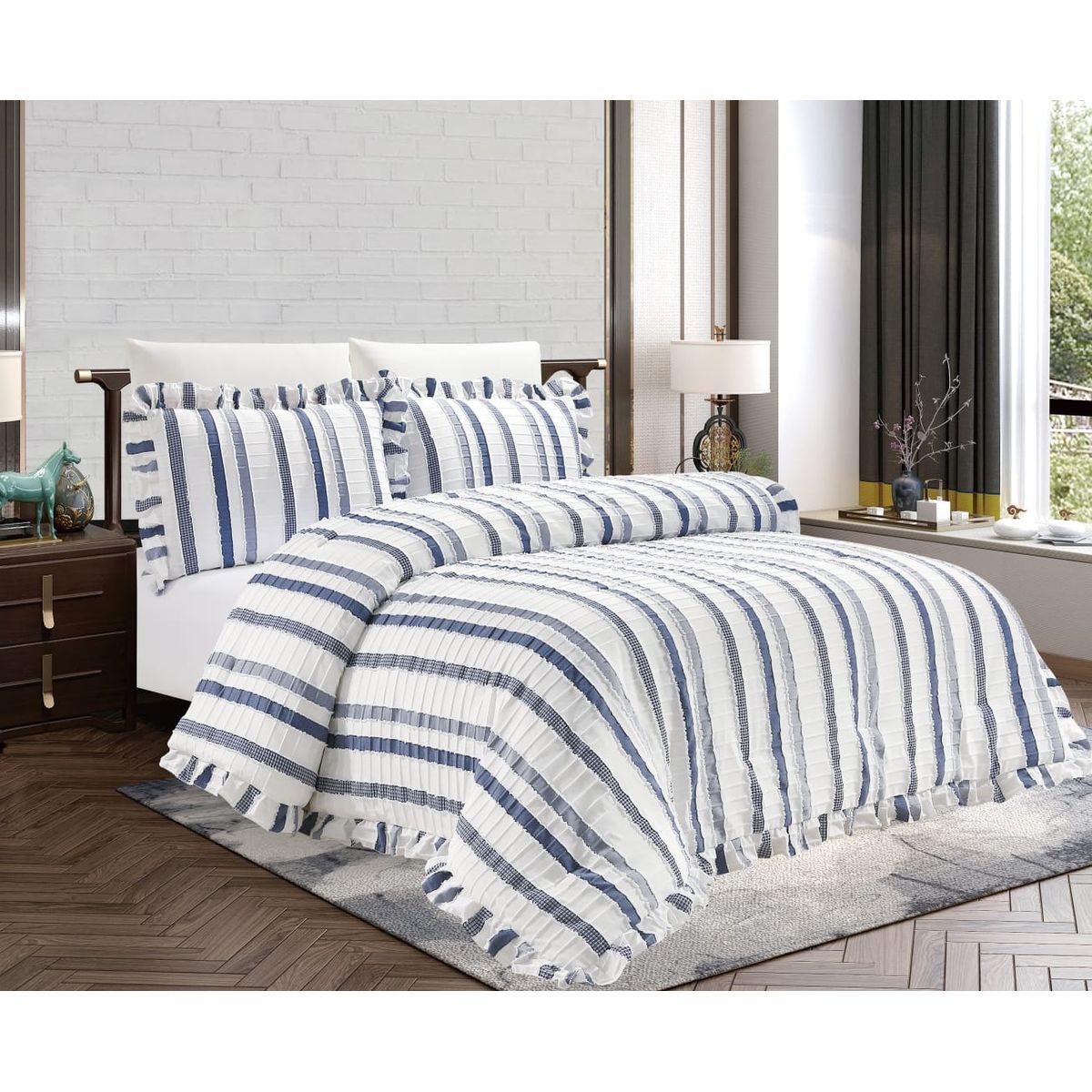 GENERICO - JUEGO DE CAMA AZUL 7 PIEZAS CON BLONDAS 2 PLAZAS - HAIRIFON TEX