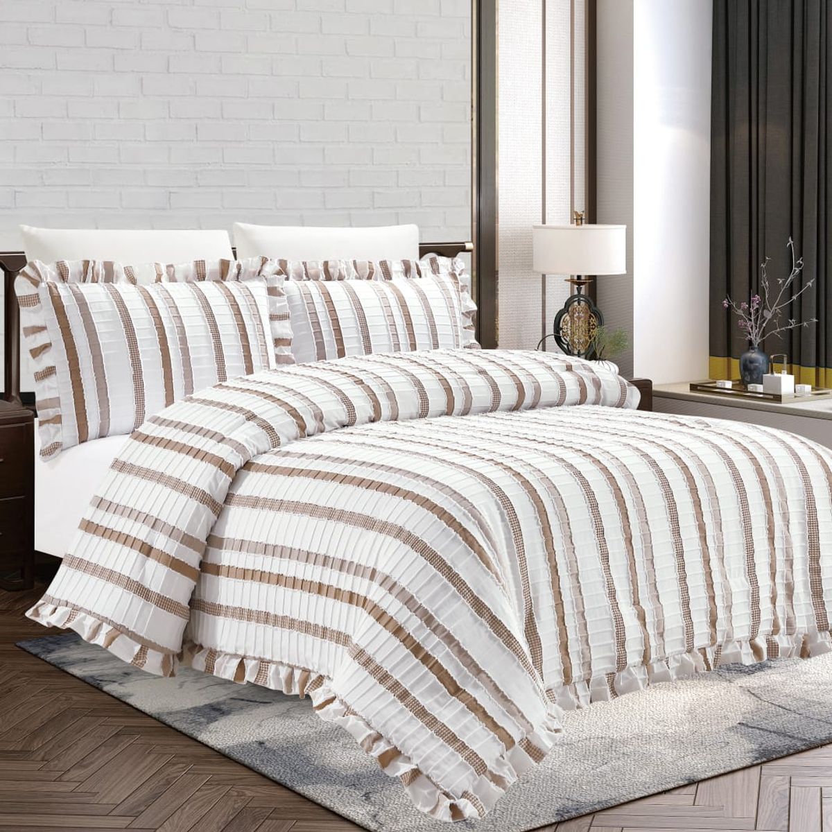 GENERICO - JUEGO DE CAMA CHOCOLATE 7 PIEZAS CON BLONDAS 2 PLAZAS - HAIRIFON TEX