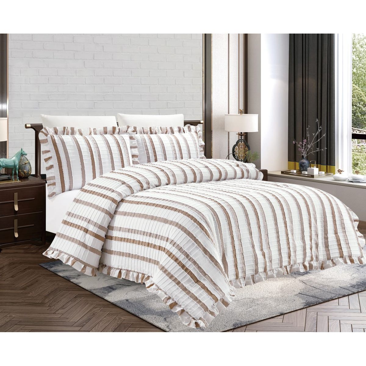 GENERICO - JUEGO DE CAMA CHOCOLATE 7 PIEZAS CON BLONDAS 2 PLAZAS - HAIRIFON TEX