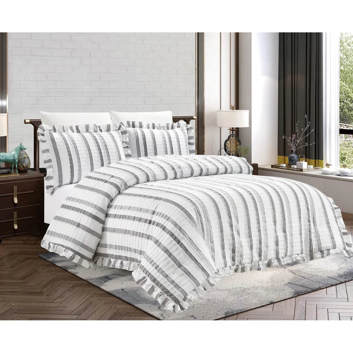 GENERICO - JUEGO DE CAMA PLOMO 7 PIEZAS CON BLONDAS 2 PLAZAS - HAIRIFON TEX