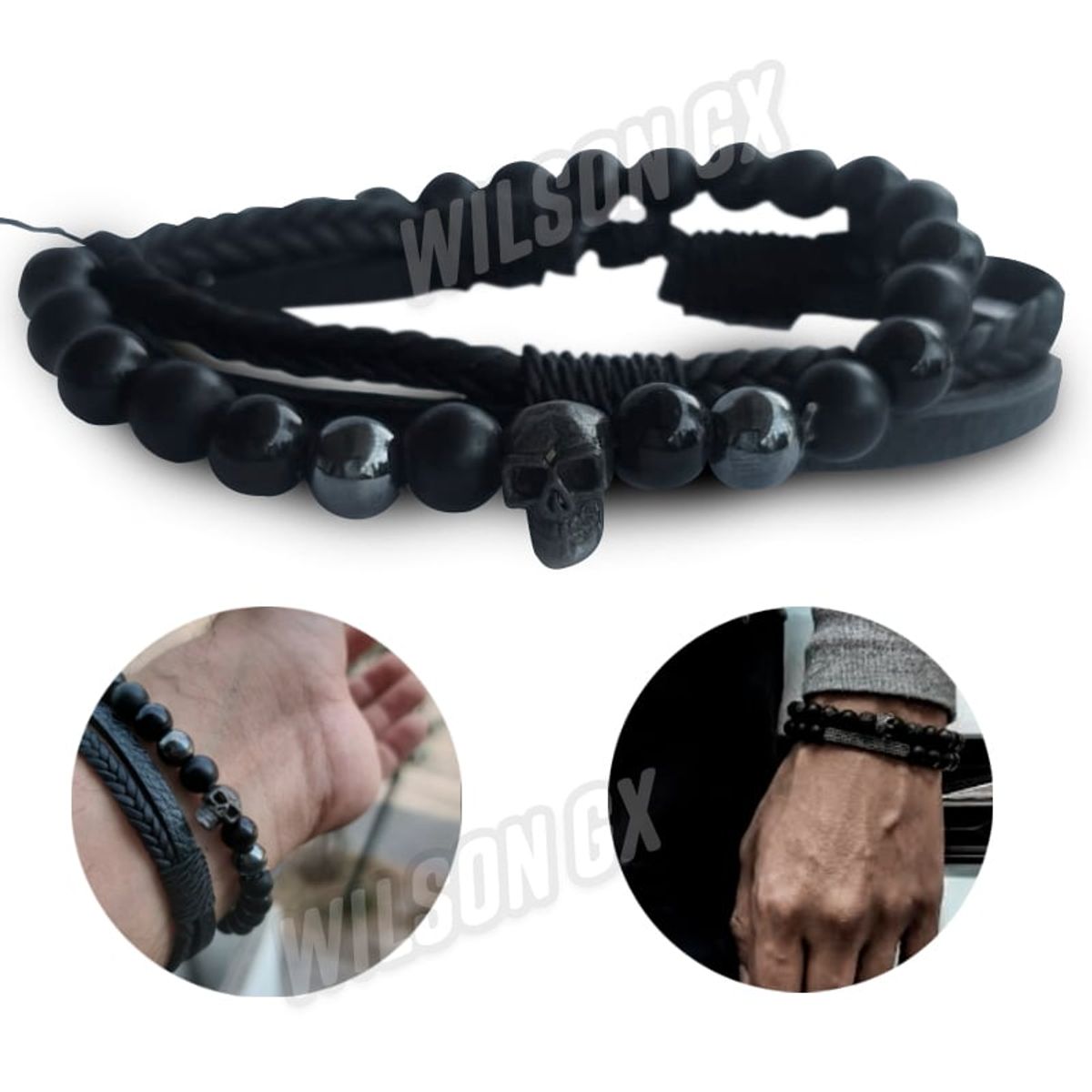 GENERICO - Pack Pulsera para hombre Cuero Turmalina 3 cuerdas + Craneo