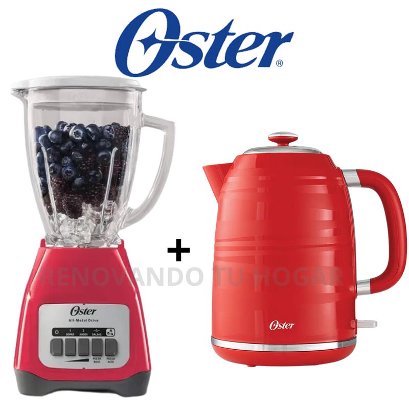 OSTER - Combo Oster licuadora 2 vel Sandia de 1.5 L+ hervidora rojo de 1.7 L