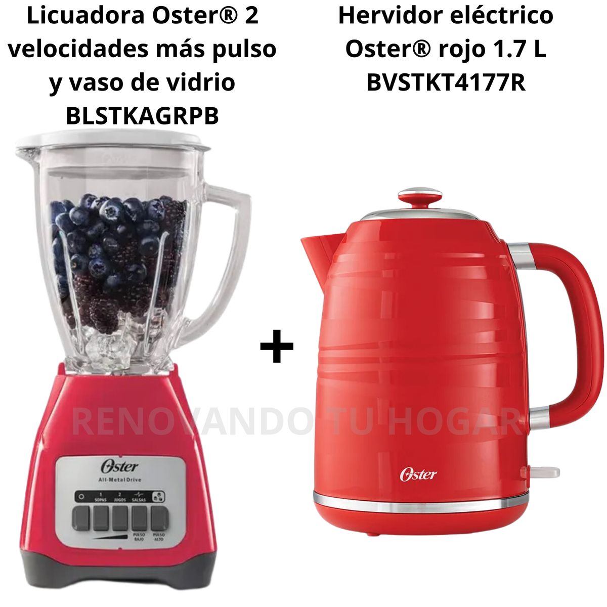 OSTER - Combo Oster licuadora 2 vel Sandia de 1.5 L+ hervidora rojo de 1.7 L