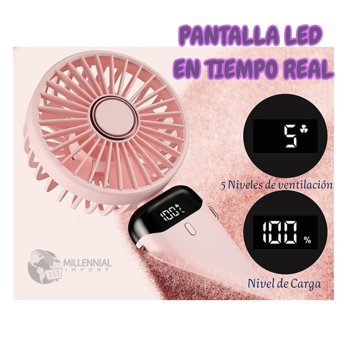 GENERICO - Ventilador de Mano Recargable Con USB Con Base 5 Velocidades