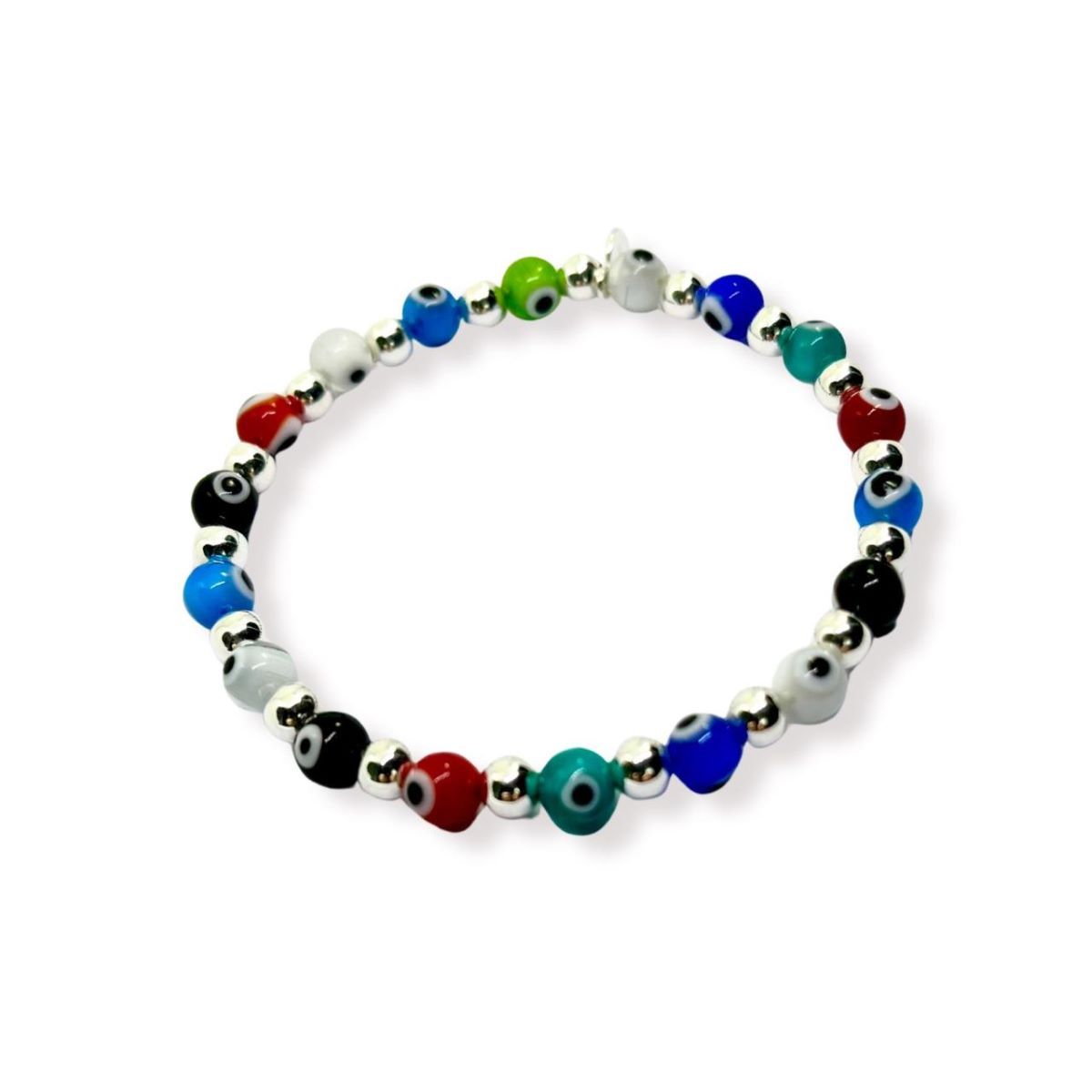 ESPIRAL ROJO - Pulsera de Ojos Turcos y Bolitas de Plata  - Colores Variados