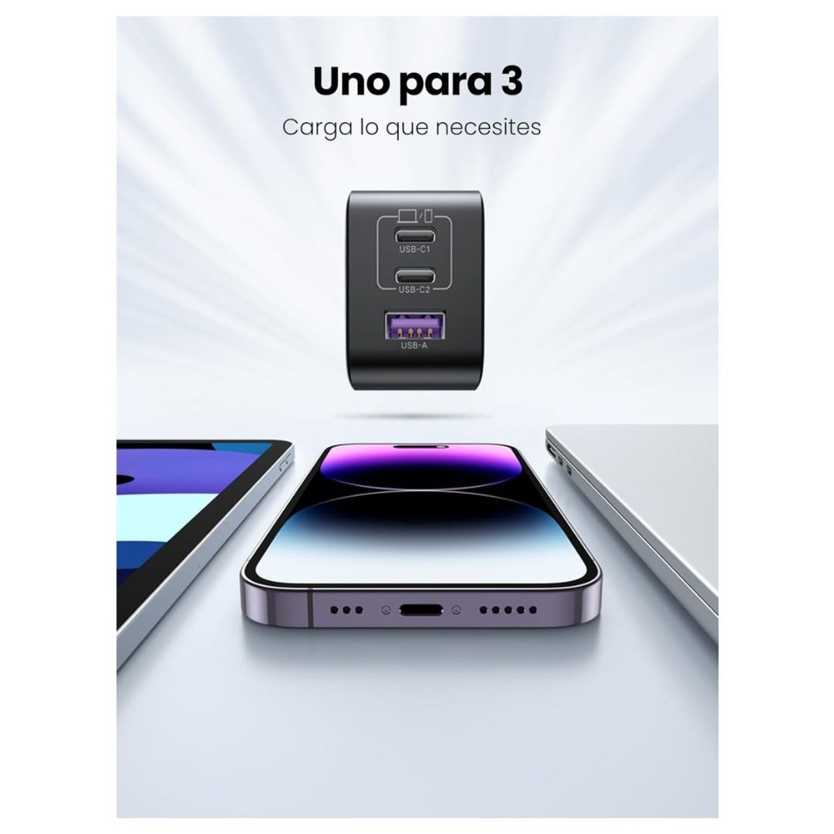 UGREEN - Cargador Ugreen 3 Puertos De Carga Rápida 65w Usb A + 2 Usb C (gris)