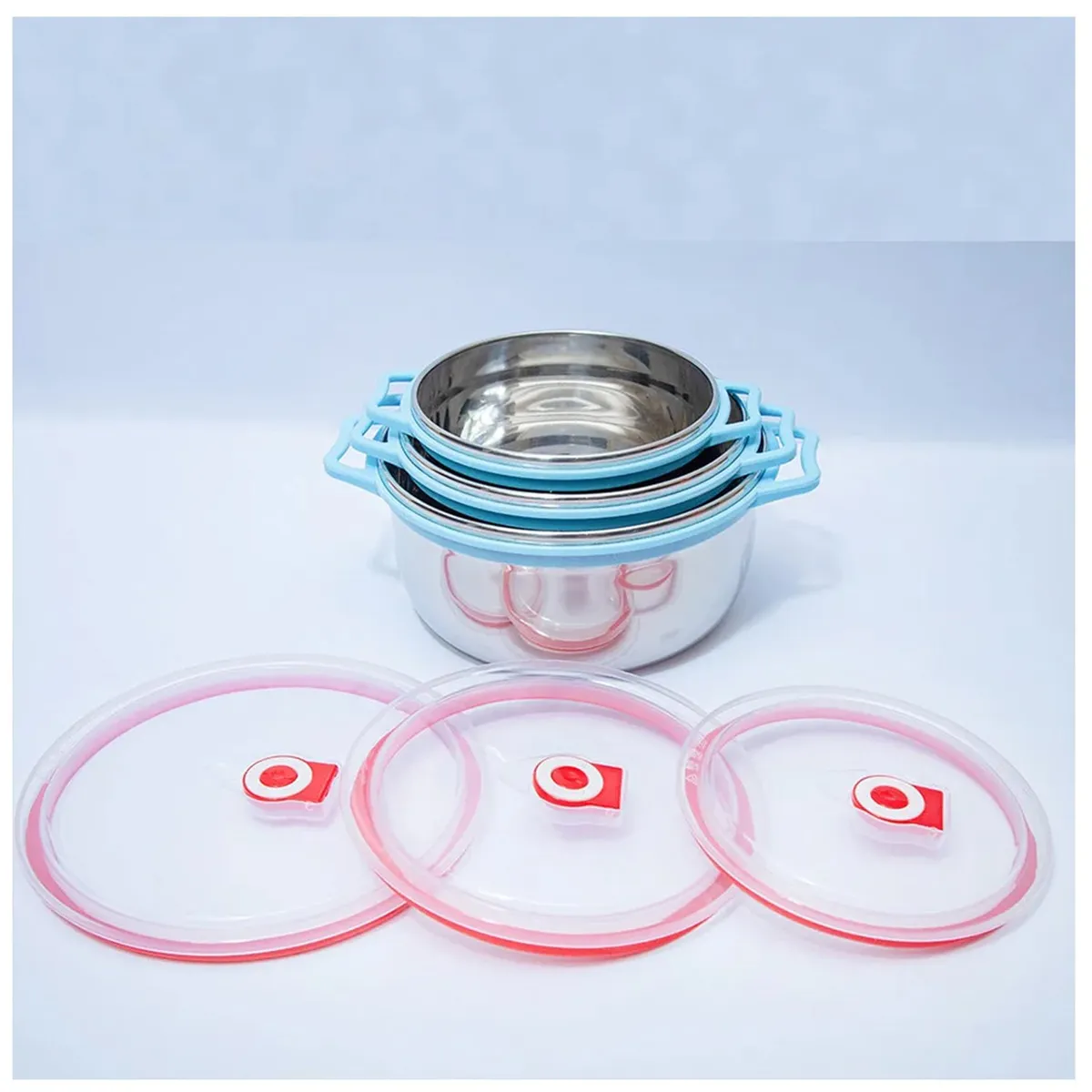 GENERICO - Set de 3 Contenedores o Bowls de Acero con Tapa y Asa color Verde