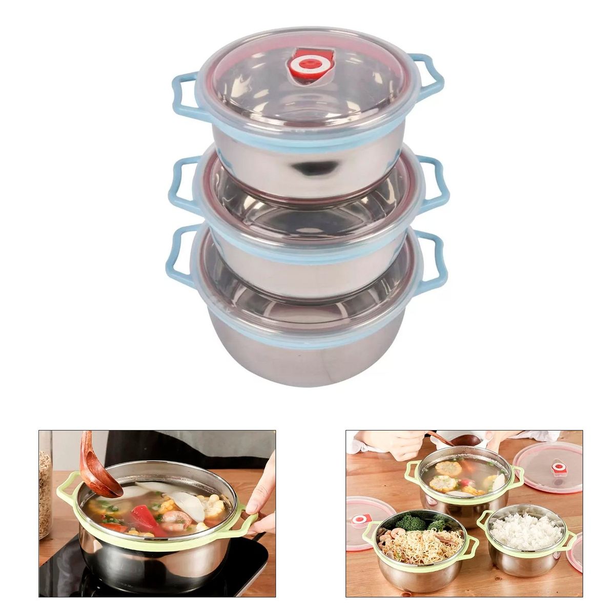 GENERICO - Set de 3 Contenedores o Bowls de Acero con Tapa y Asa color Celeste