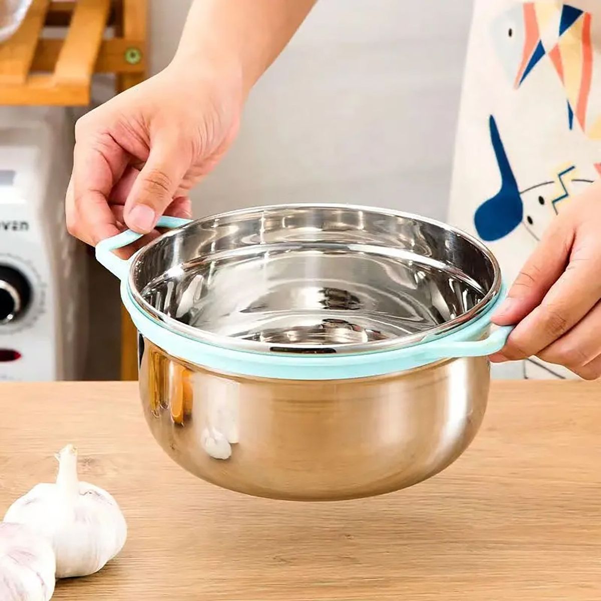 GENERICO - Set de 3 Contenedores o Bowls de Acero con Tapa y Asa color Celeste