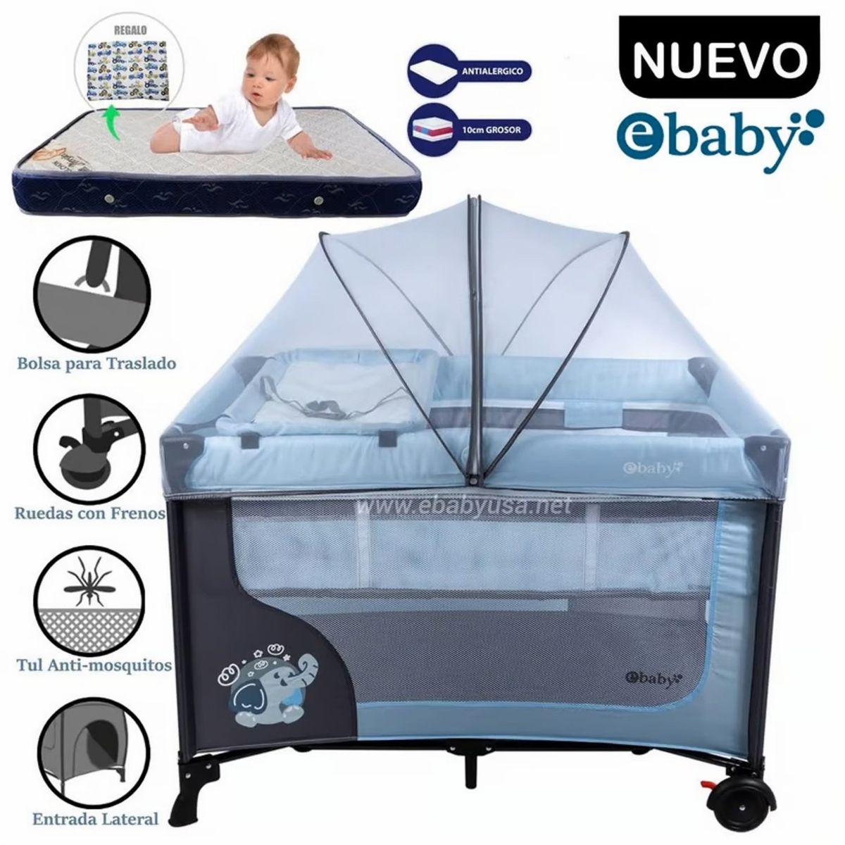 EBABY - Cuna Corral Happy Dream Celeste 727-2 + Colchón