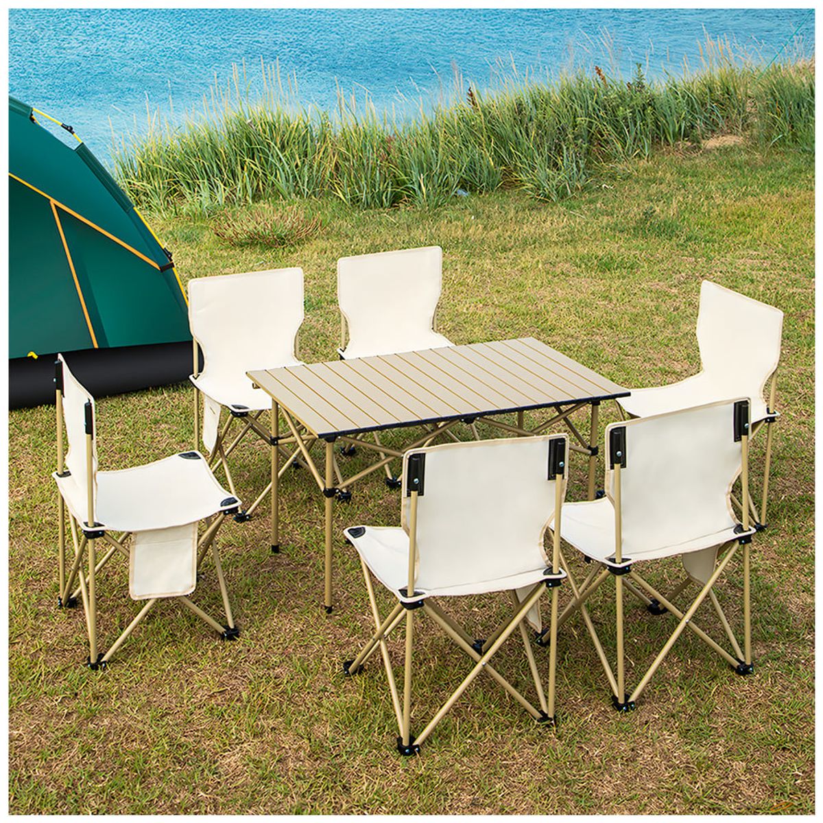 KELLER - Mesa + 6 Sillas Plegables de Camping Beige WY8