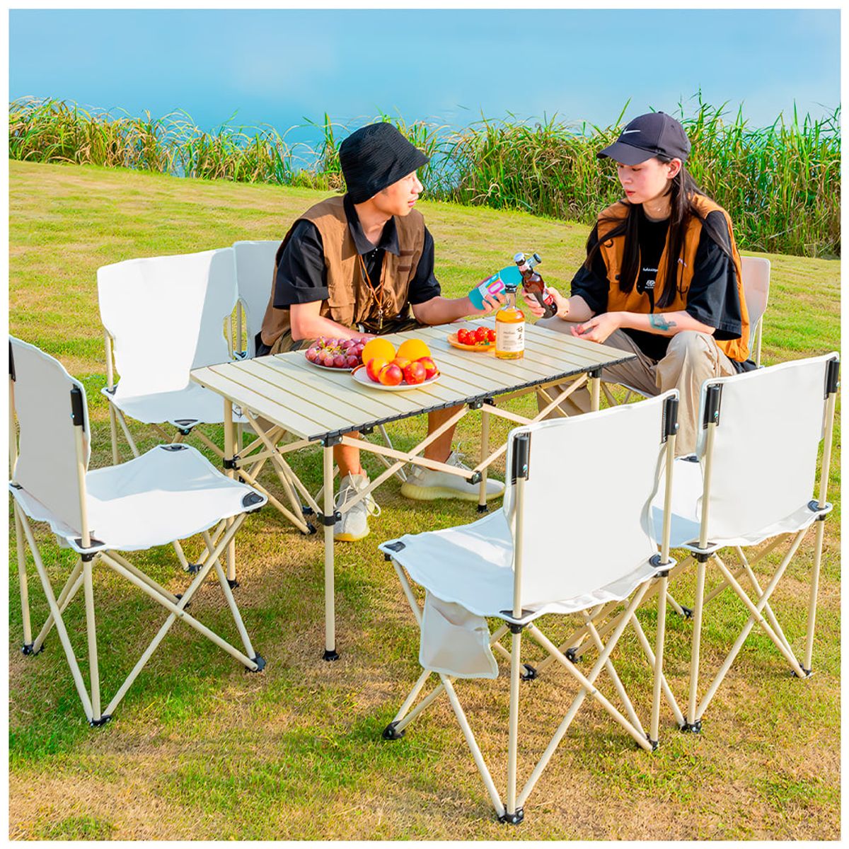 KELLER - Mesa + 6 Sillas Plegables de Camping Beige WY8