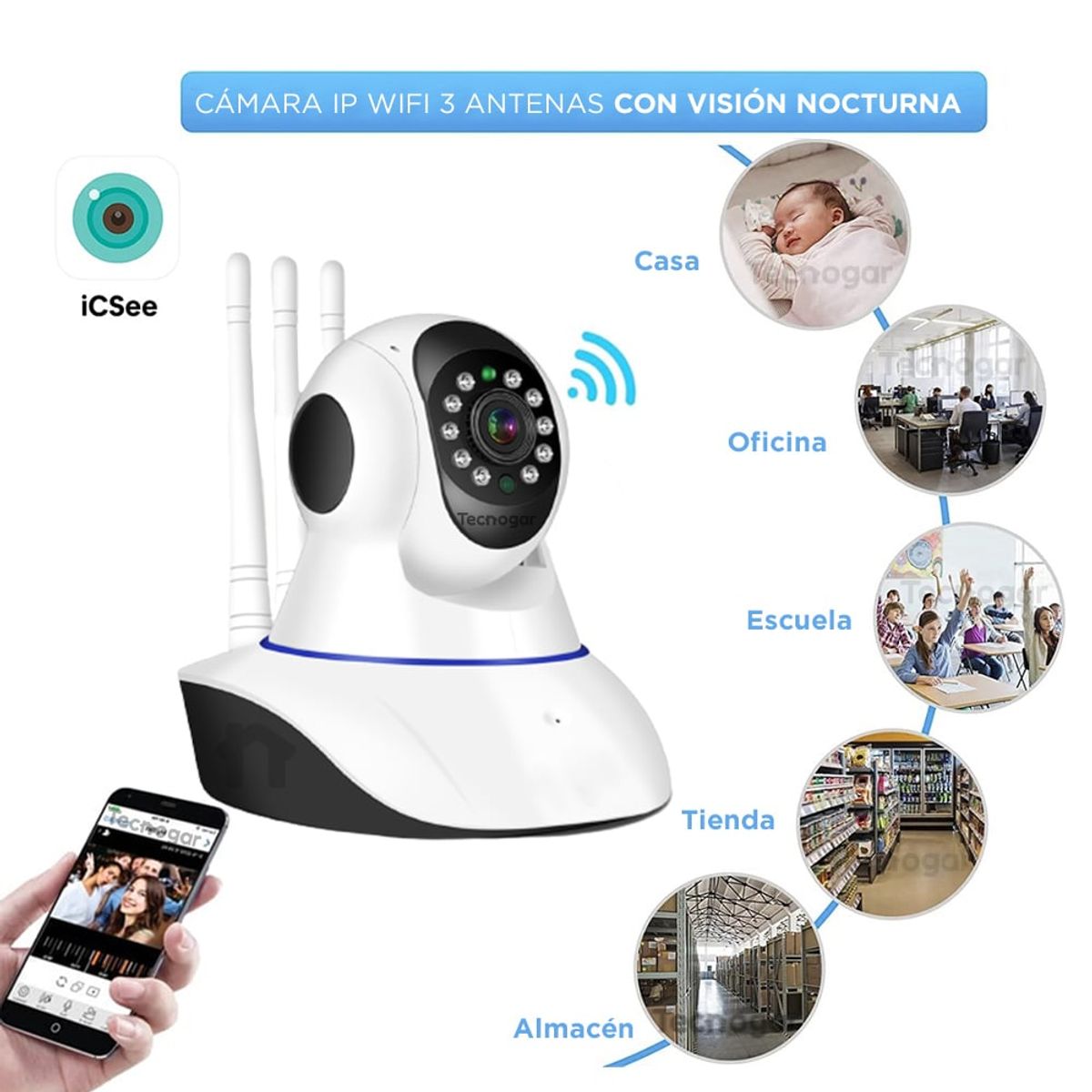 SEISA - Cámara de Seguridad 3 Antenas IP WiFi - Robotica P2P Hd 360°