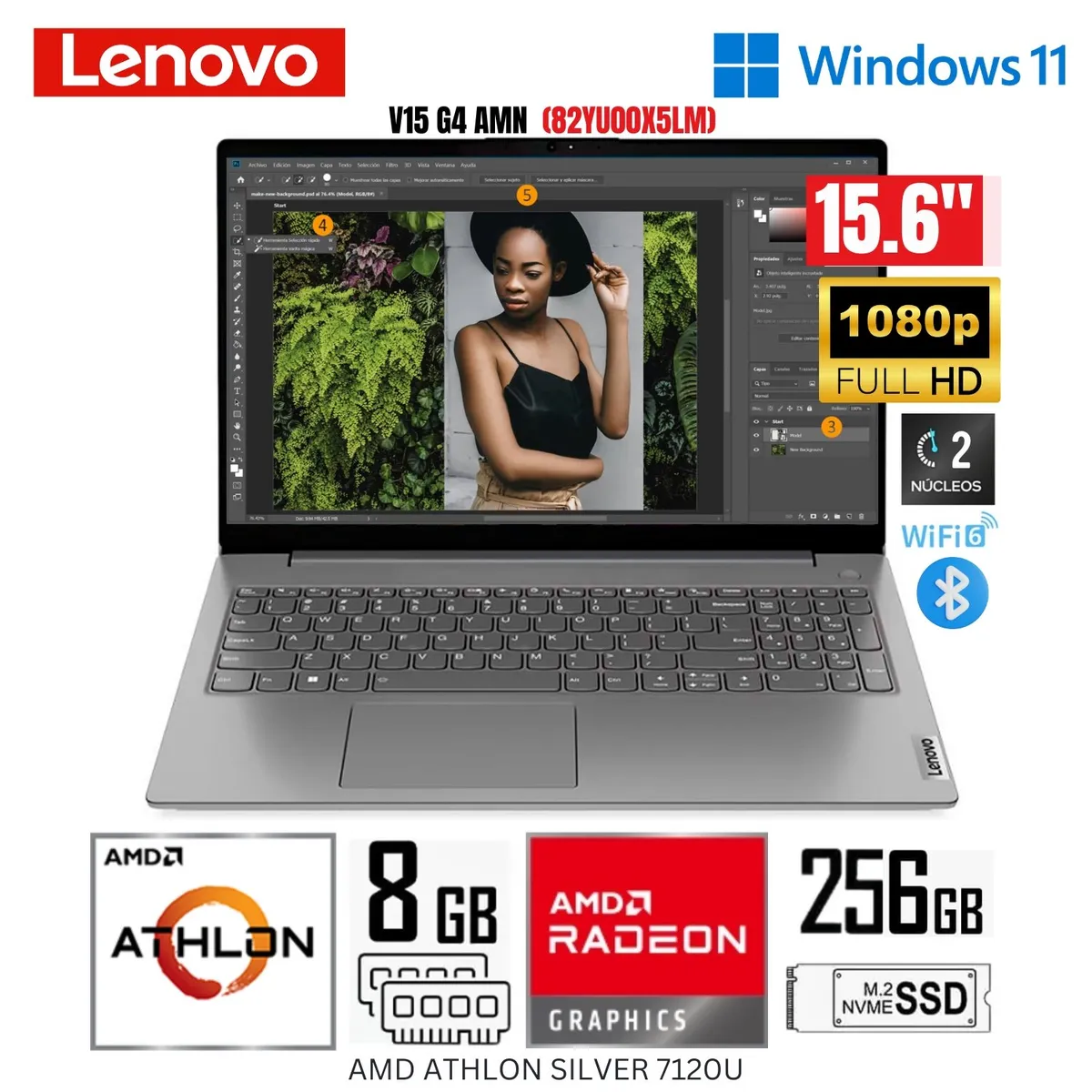LENOVO - Laptop Lenovo V15 G4 AMN AMD Athlon Silver 7120U 8GB RAM 256GB SSD 156 FHD 82YU00X5LM