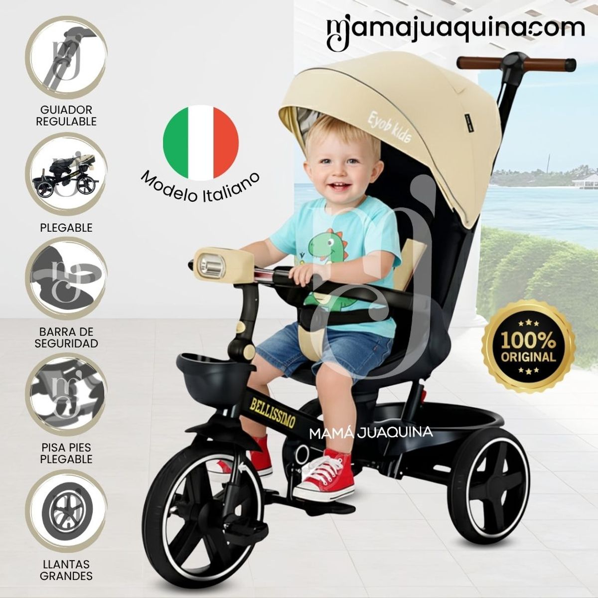 KIDS - Triciclo Guiador Plegable «BELLISSIMO» Beige