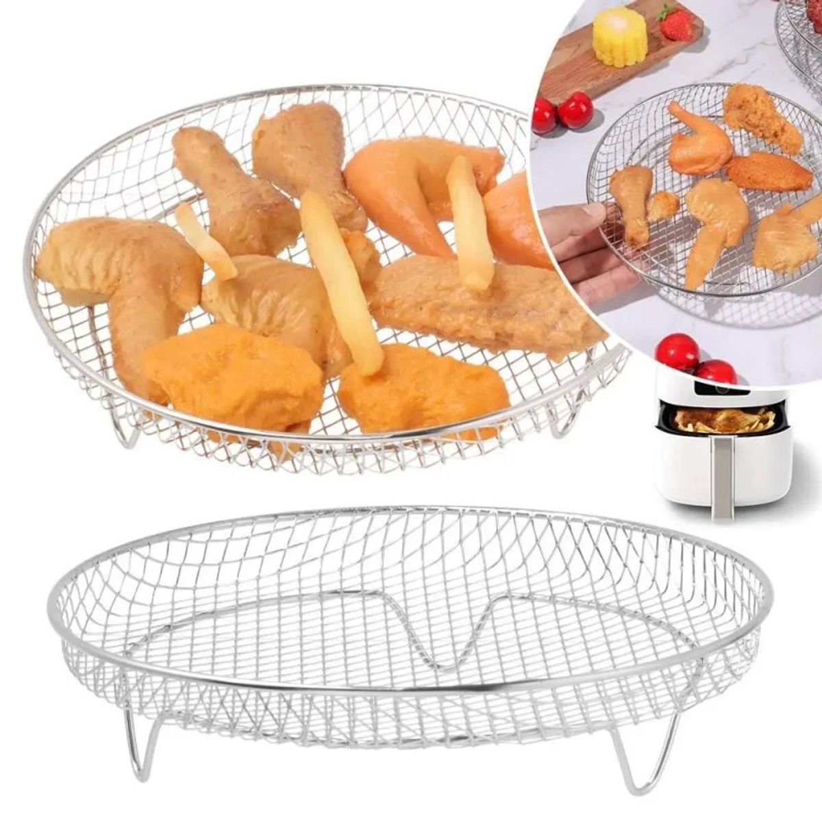 AURELA - GridStack - Pack de 3 Rejillas Apilables de Acero Inoxidable para Freidora de Aire Air Fryer