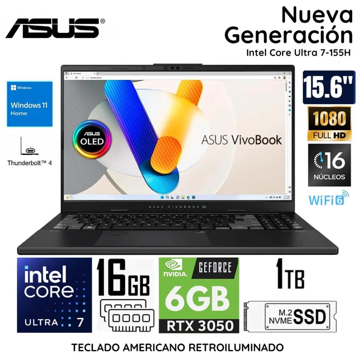 ASUS - Laptop Asus Vivobook Pro 15 Core Ultra7-155H 16GB RAM 1TB SSD 15.6" OLED RTX3050-6GB Q533MJ-U73050