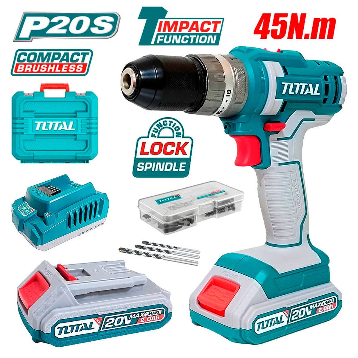 TOTAL TOOLS - TALADRO ATORNILLADOR PERCUTOR INDUSTRIAL ⅜ TOTAL TIDLI201452 20V 45Nm