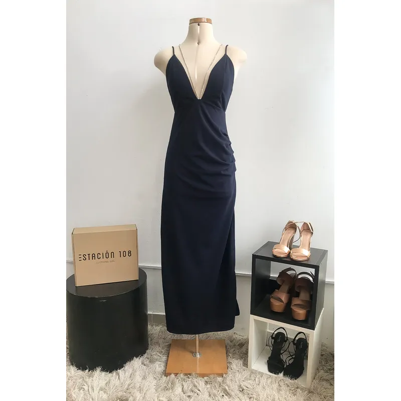 GENERICO - Vestido Largo Escote Profundo Monaco Color Azul Noche Estacion 108