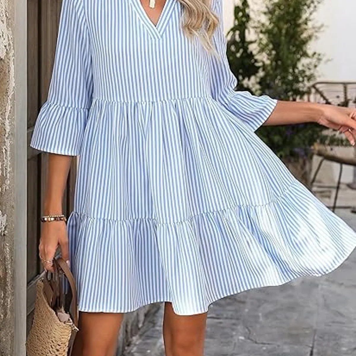 GENERICO - Vestido Veraniego Rayas Celeste y Blanco