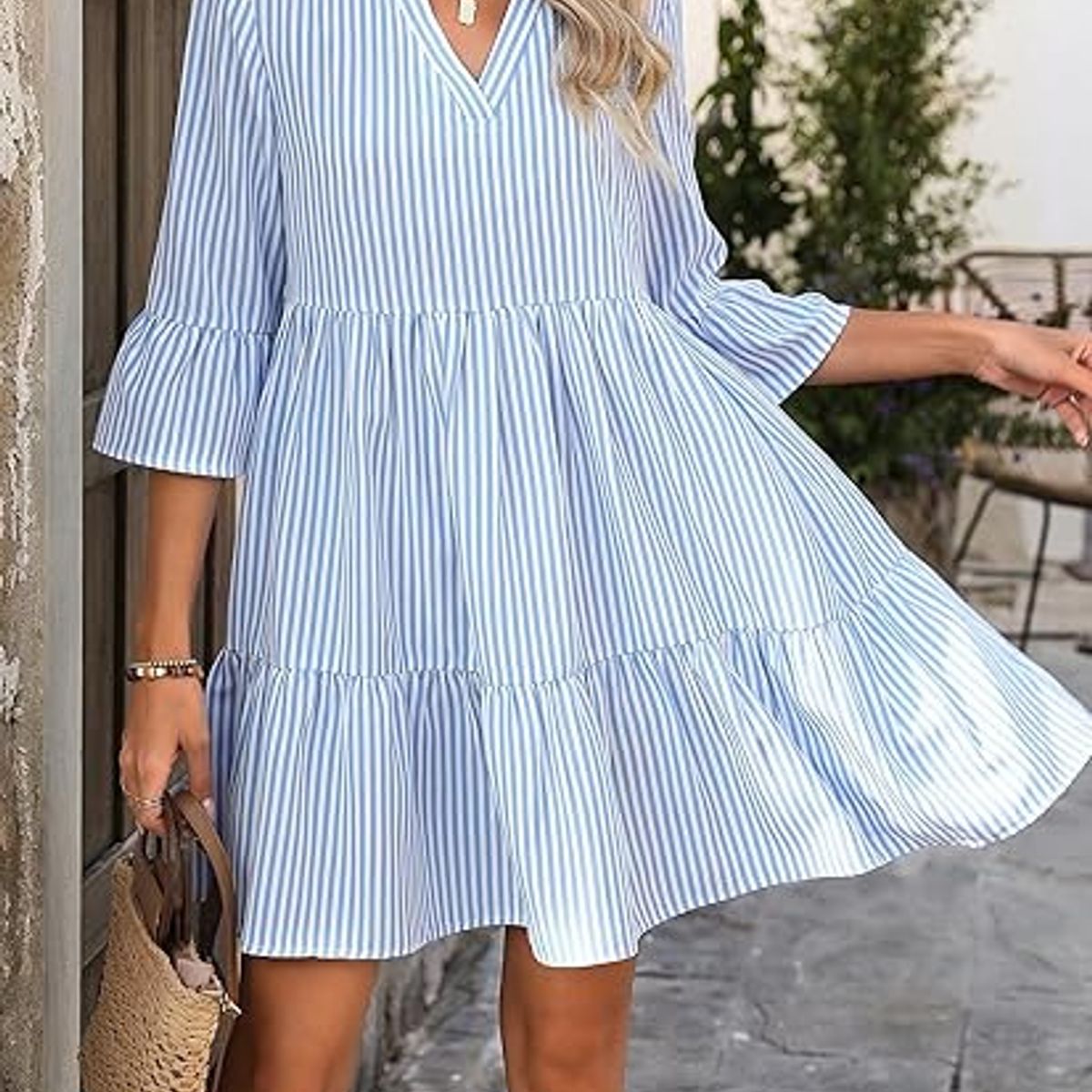 GENERICO - Vestido Veraniego Rayas Celeste y Blanco