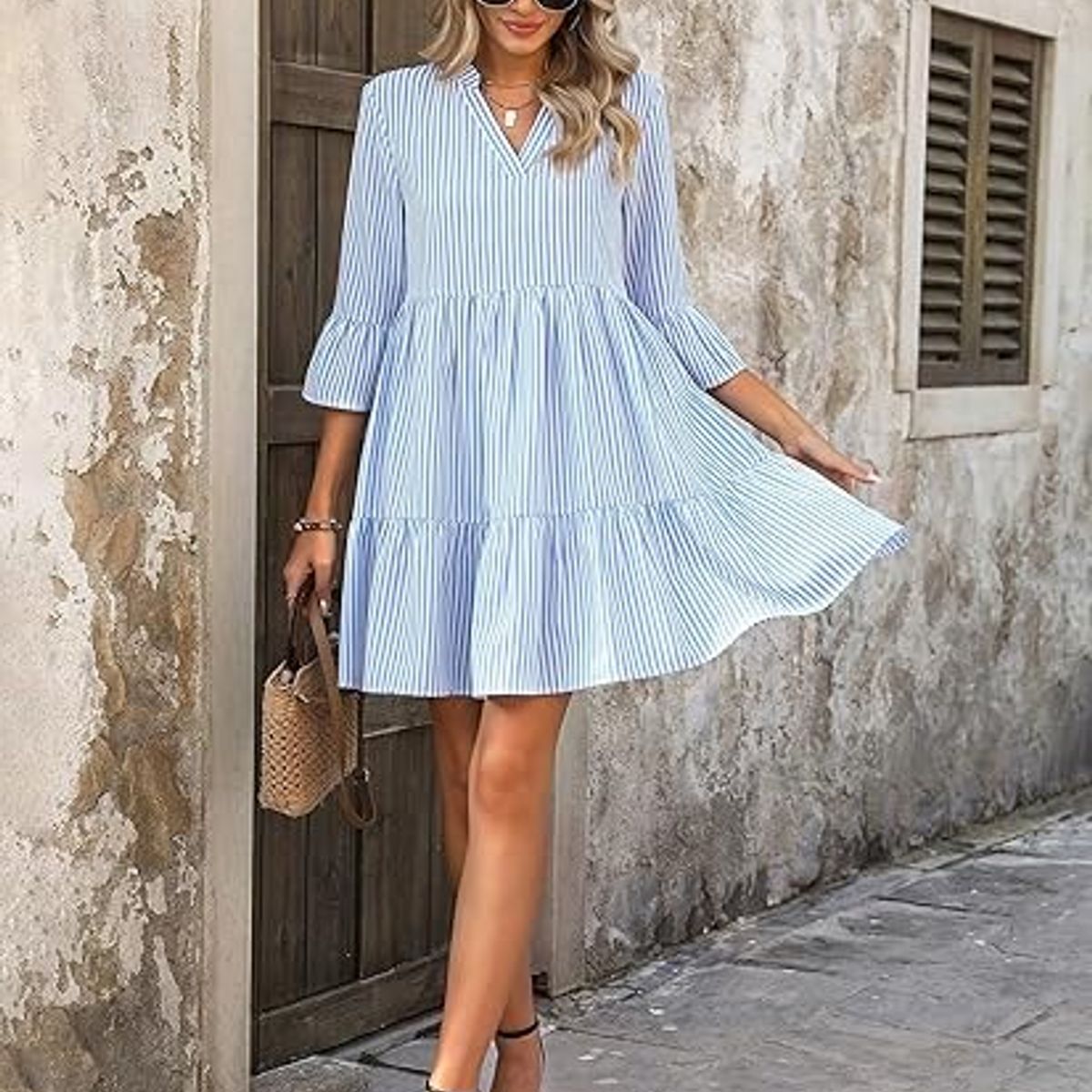 GENERICO - Vestido Veraniego Rayas Celeste y Blanco