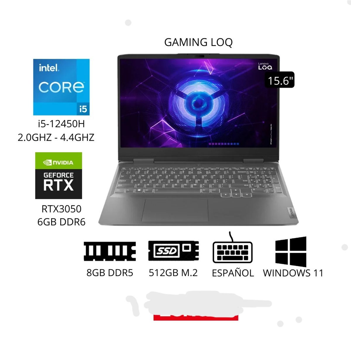 LENOVO - Laptop Lenovo LOQ Intel Core I5 12450H 8gb 512gb 6g Video RTX3050 15.6 FHD 144 hz Window 11 Gris