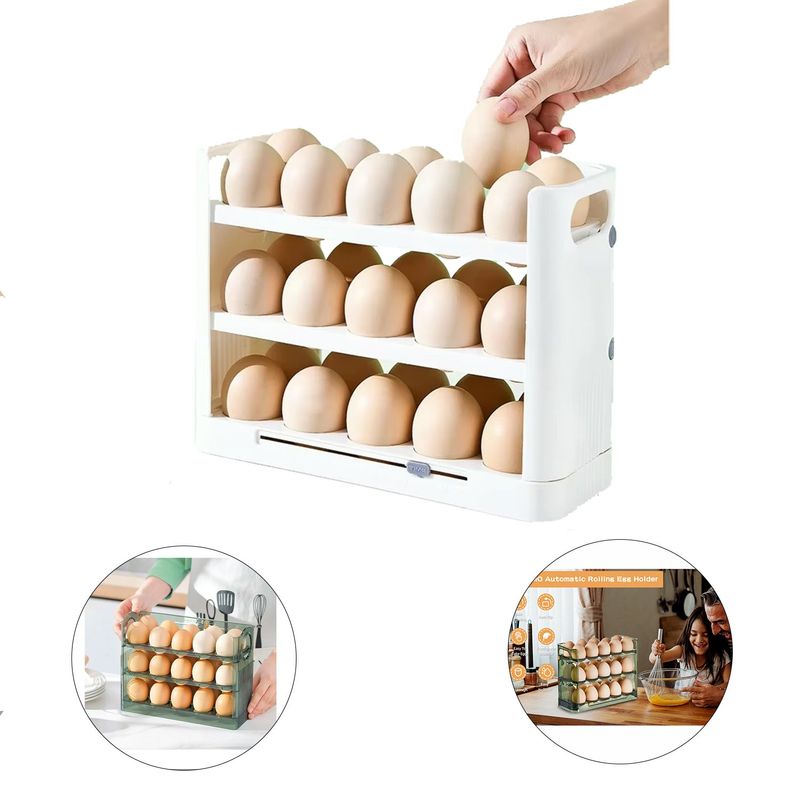 GENERICO - Organizador de huevos, 3 niveles con capacidad para 30 huevos - Blanco