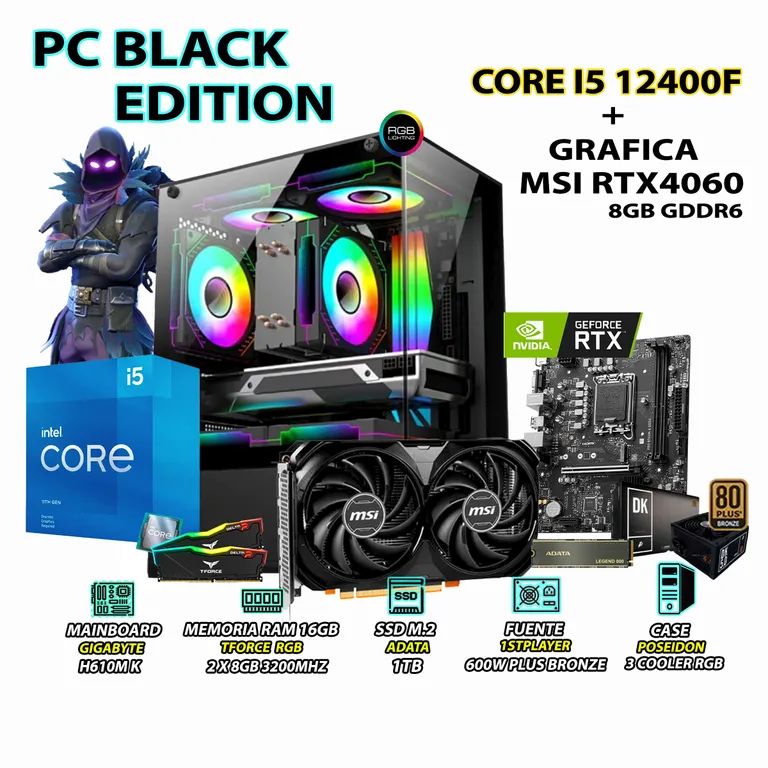 Computadora PC Gamer Intel Core i5 12400F RAM 16GB SSD 1TB RTX