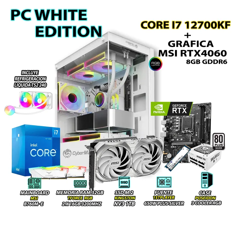 INTEL - Computadora PC Gamer Core i7 12700KF RAM 32GB SSD 1TB GRAFICA RTX 4060 8GB