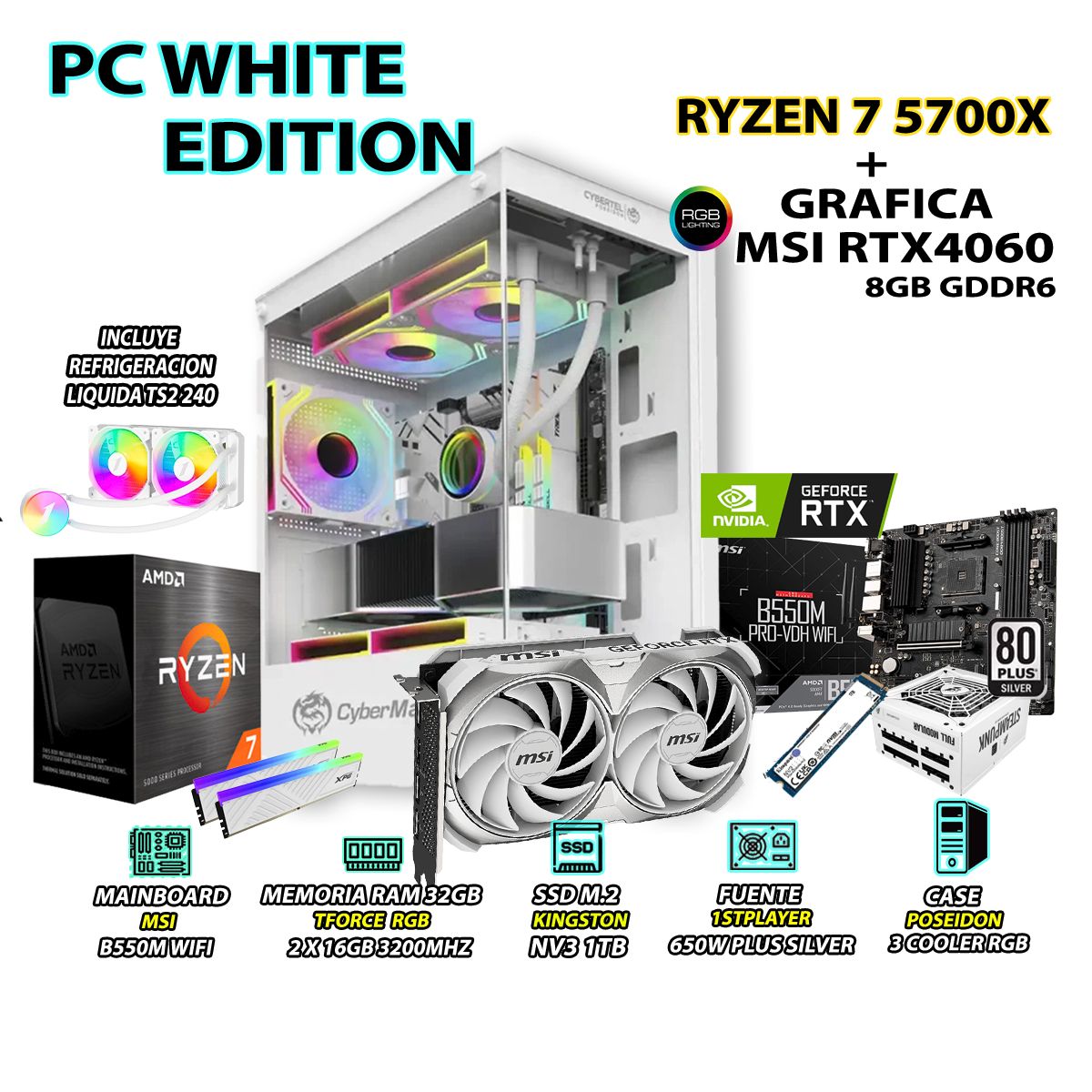 AMD - Computadora PC RYZEN 7 5700X RAM 32GB SSD 1TB GRAFICA MSI RTX 4060 8GB
