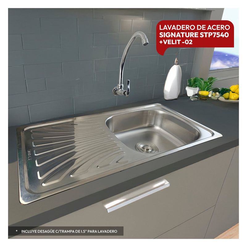 STONE - LAVADERO DE ACERO STP7540+ DESAGUE CTRAMPA DE I5 + VELIT-02 STONE