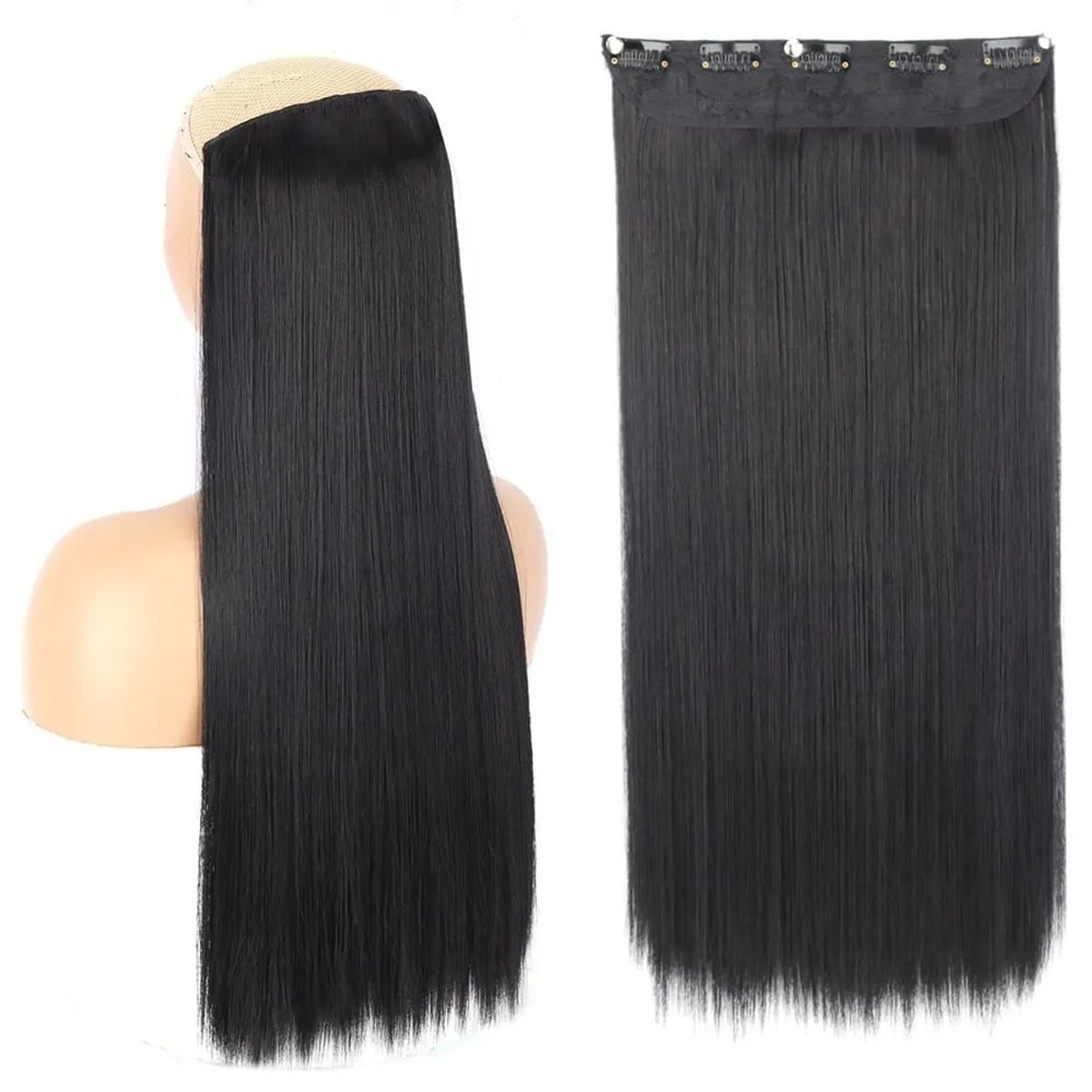 GENERICO - Extensiones Capilares Negro Largo 55 cm Cabello Postizos Clips Genieka