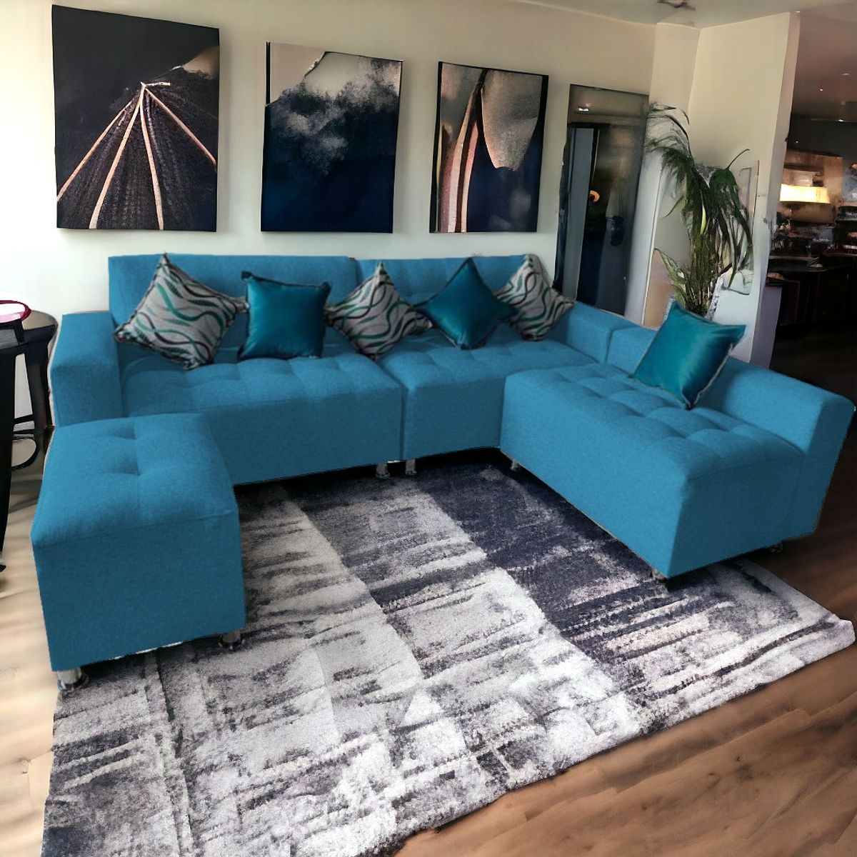 GENERICO - Sofá Seccional París 3 cuerpos + puff - Turquesa