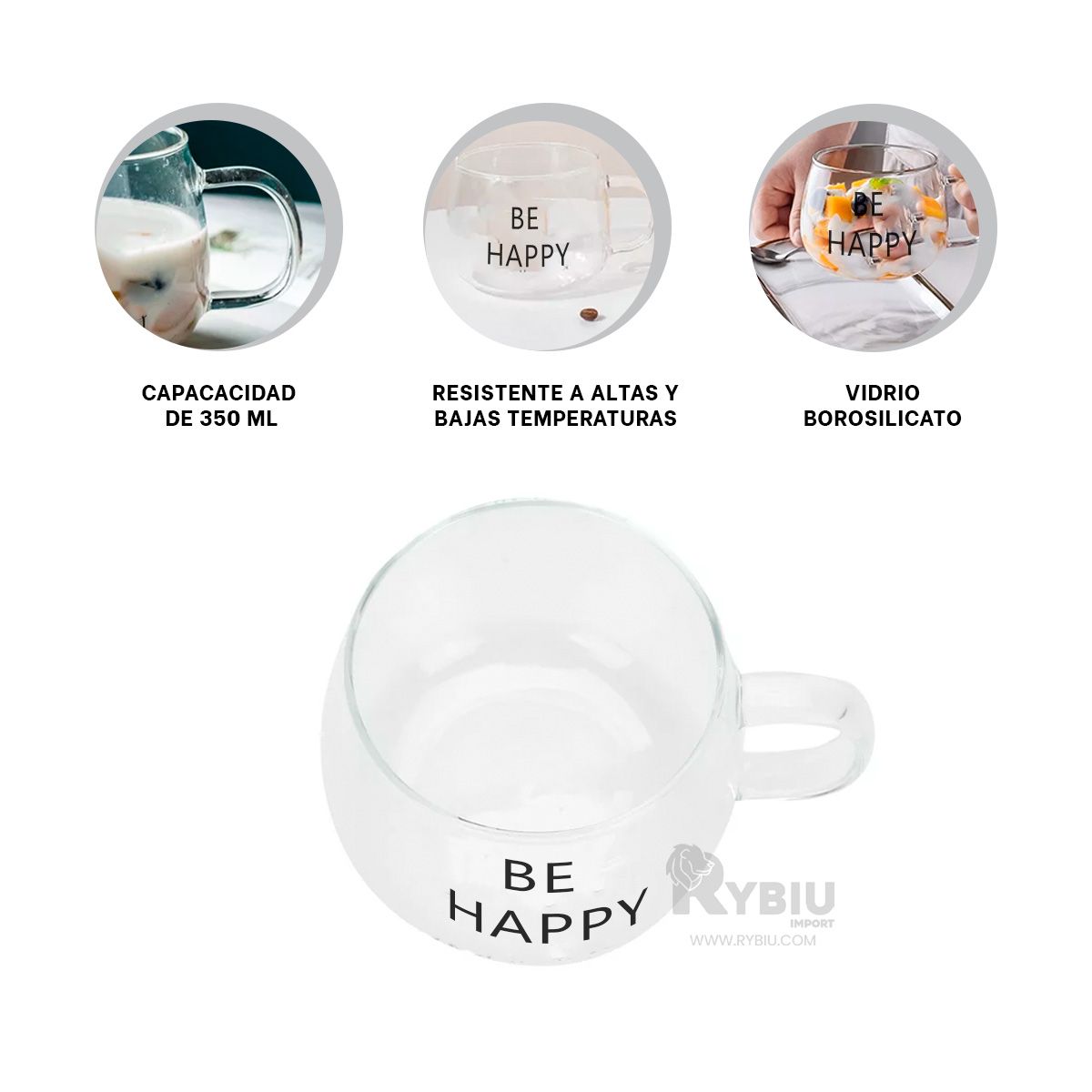 RYBIU IMPORT - Tazon Elegante Util en 350ML Be Happy Y+Gift MiniAgenda