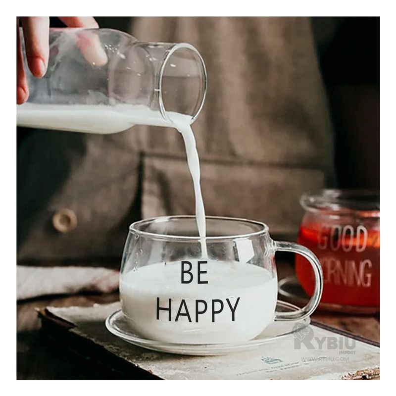 RYBIU IMPORT - Vaso con Asa de 350ML Be Happy Y+Banderitas Adhesivas
