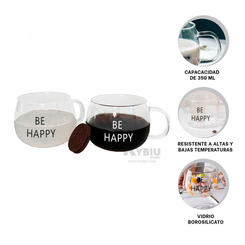 GENERICO - Taza para Desayuno de 350ML Be Happy Y+Papel de Regalo