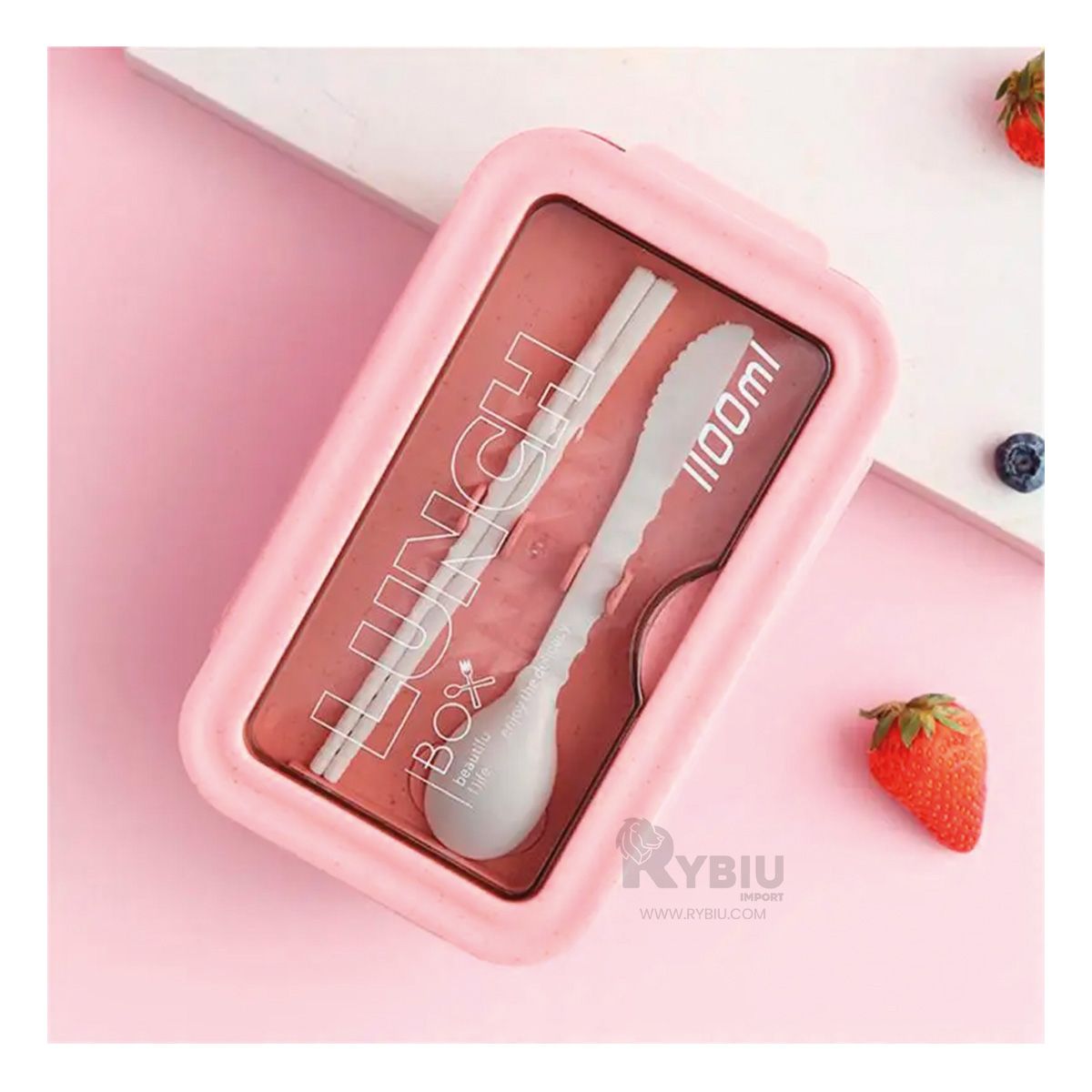 RYBIU IMPORT - Taper Lunch Box con Cubiertos para Alimentos en Tono Rosado