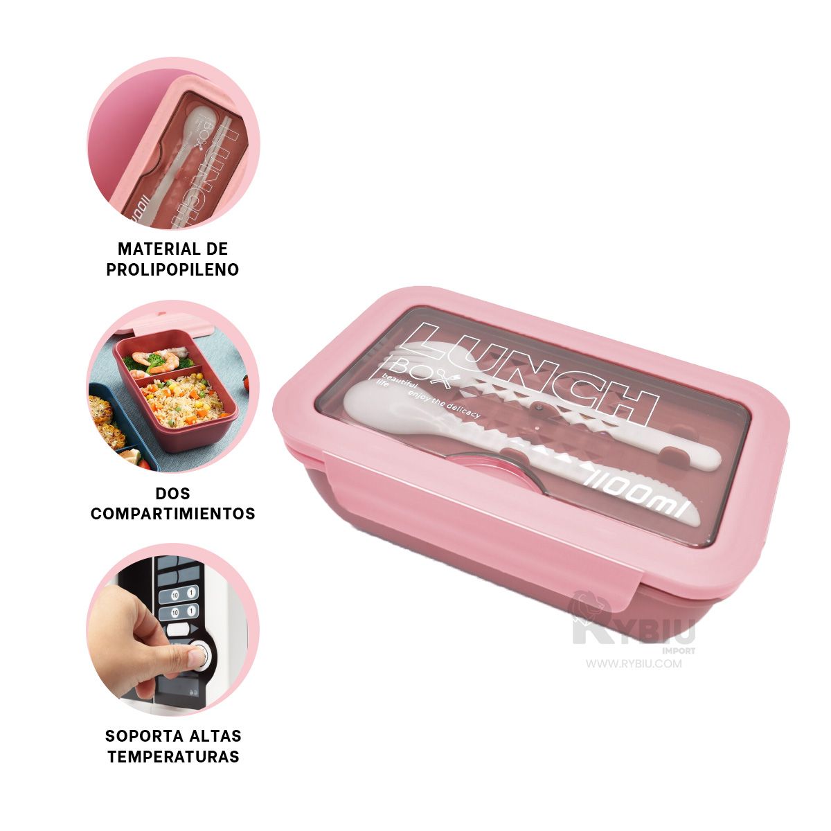 RYBIU IMPORT - Taper Lunch Box con Cubiertos para Alimentos en Tono Rosado