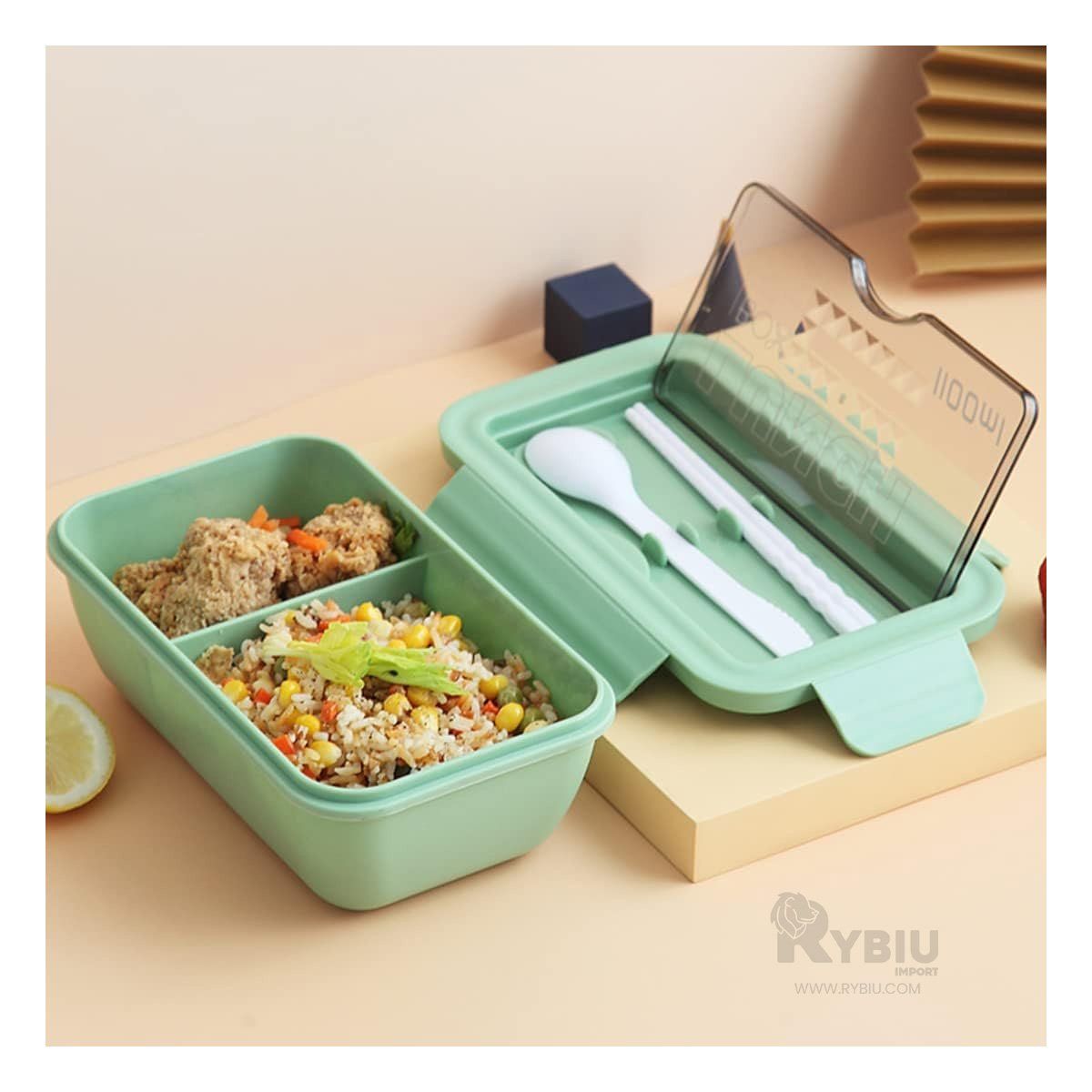 RYBIU IMPORT - Taper Lunch Box de 1100 ml con Cubiertos en Tono Verde