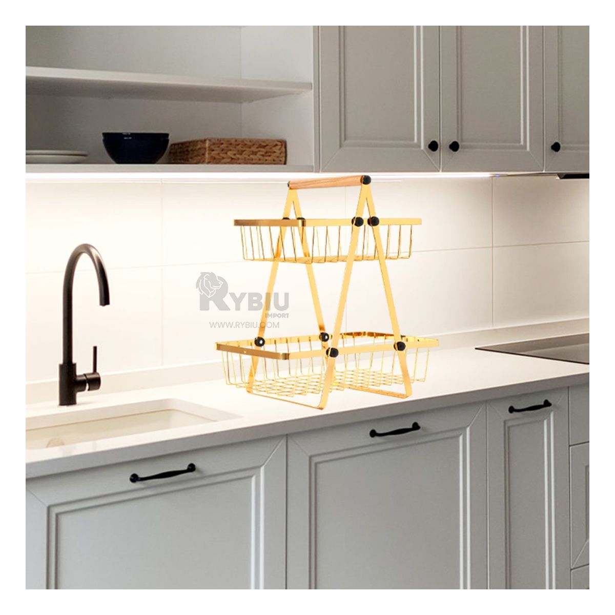 RYBIU IMPORT - Frutero Multifuncional de 2 Niveles en Color Dorado